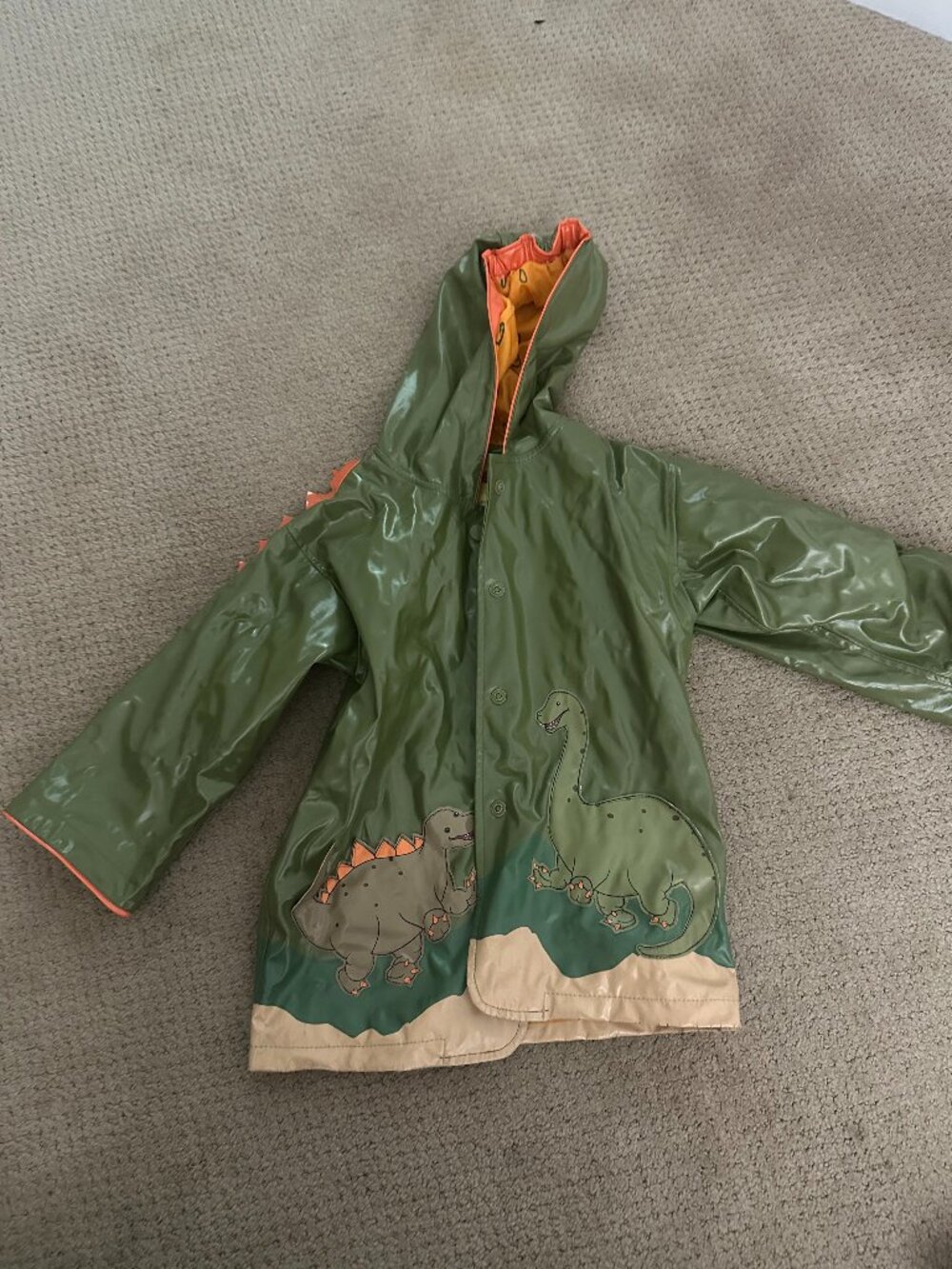 Kidorable Dinosaur Rain Coat Green Orange Toddler 3T Hooded